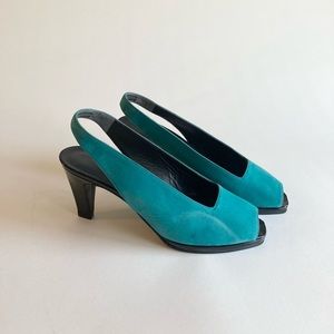 Henri Bendel Blue Suede Genuine Leather Black Patent Leather Slingbacks size 6.5